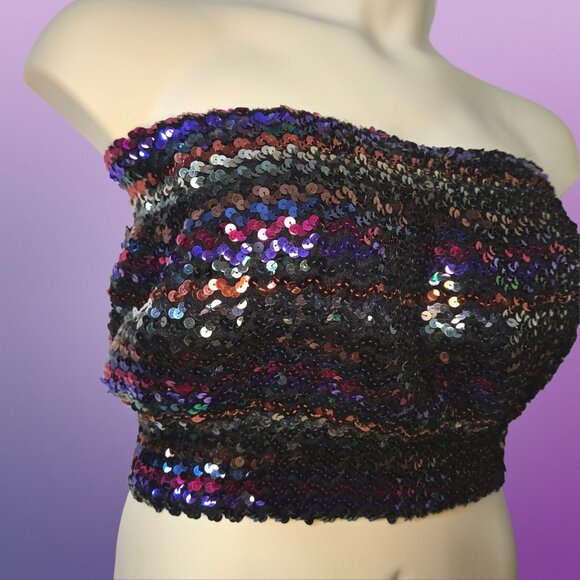 Vintage 70s Disco Sequin Tube Top Size XL Strapless Cropped Jewel Tone Rainbow - Picture 4 of 8